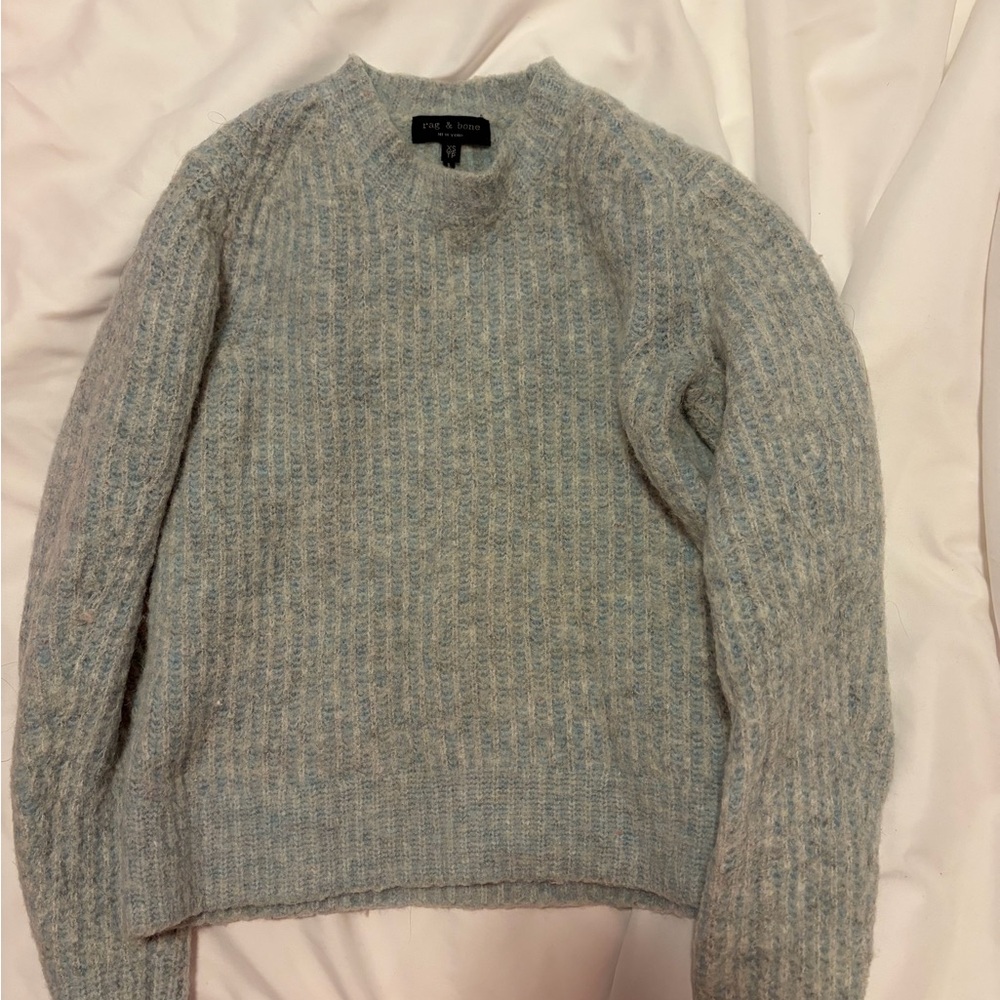 rag & bone Heather Gray and Blue Ribbed Crewneck Sweater